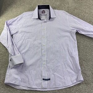 English Laundry Mens‎ 17 Striped Flipped Cuff Dress Shirt Purple & White Career